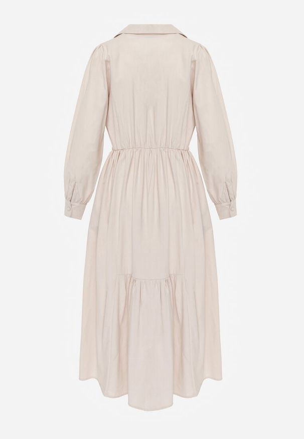 Renee - Beżowa Rozkloszowana Sukienka Koszulowa z Bawełny i Wiskozy Zdobiona Klapami Gleta. Okazja: na co dzień. Kolor: beżowy. Materiał: wiskoza, bawełna. Wzór: aplikacja. Typ sukienki: koszulowe. Styl: elegancki, casual