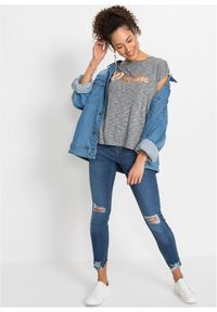 bonprix - Długi T-shirt z mieszanki wiskozy. Kolor: szary. Materiał: wiskoza. Długość: długie. Wzór: napisy. Styl: elegancki