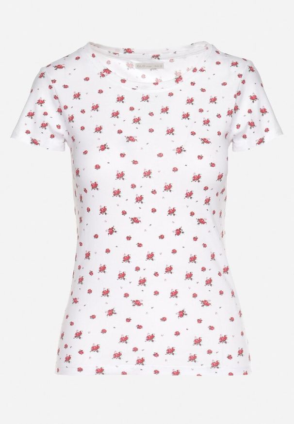 Born2be - Biały Bawełniany T-shirt w Kwiatowy Wzór Savele. Okazja: do pracy, na spacer, na co dzień, na spotkanie biznesowe. Kolor: biały. Materiał: bawełna. Wzór: kwiaty. Styl: casual, klasyczny, biznesowy