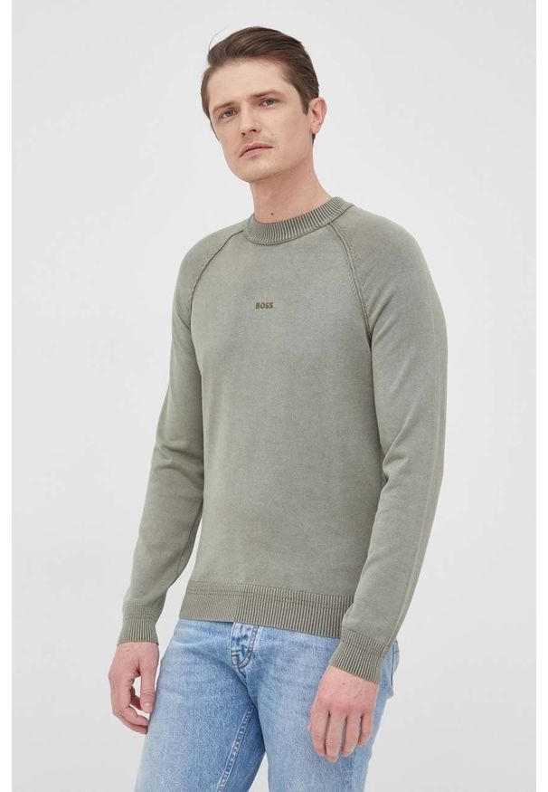 BOSS sweter bawełniany BOSS CASUAL 50465623 męski kolor zielony lekki. Okazja: na co dzień. Kolor: zielony. Materiał: bawełna. Długość rękawa: raglanowy rękaw. Styl: casual