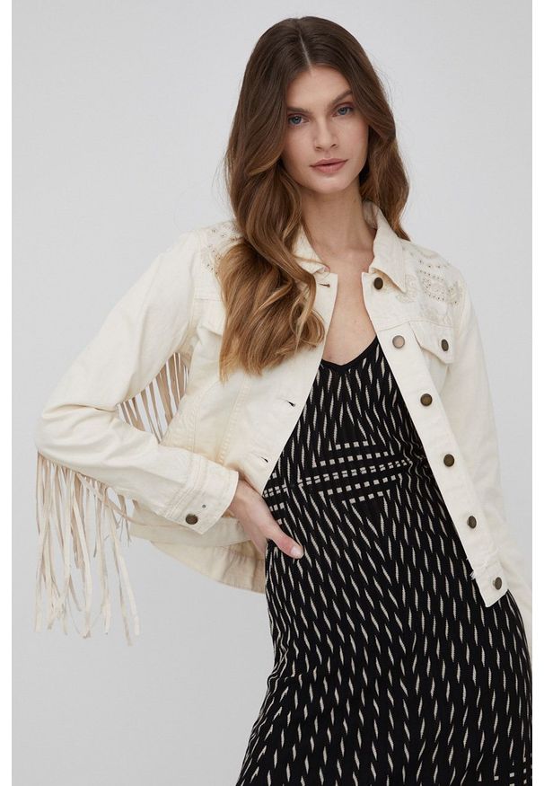 Desigual kurtka jeansowa damska kolor beżowy przejściowa. Okazja: na co dzień. Kolor: beżowy. Materiał: jeans. Wzór: haft. Styl: casual