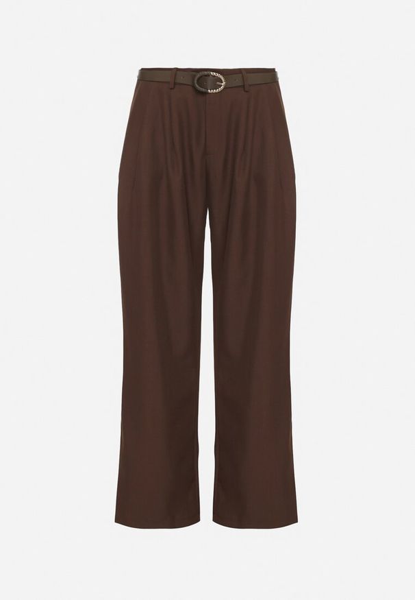 Born2be - Brązowe Szerokie Spodnie Garniturowe z Paskiem z Klamrą w Kształcie Muszelki Setera. Okazja: na co dzień. Stan: podwyższony. Kolor: brązowy. Wzór: paski. Styl: casual, elegancki