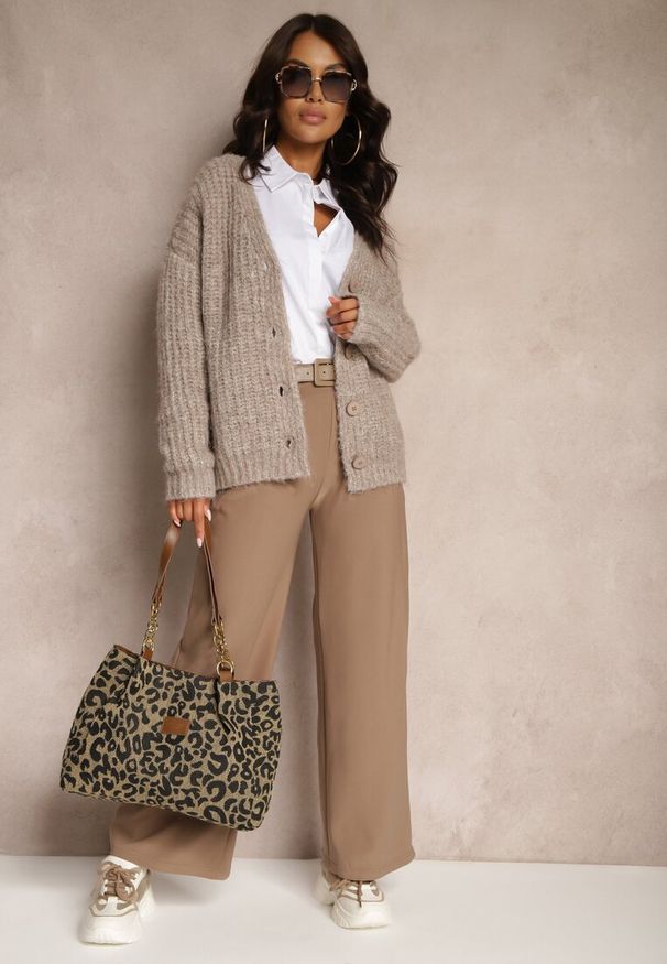 Renee - Brązowe Garniturowe Spodnie High Waist z Gumką i Dodatkowym Paskiem w Talii Mattine. Stan: podwyższony. Kolor: brązowy. Materiał: dzianina