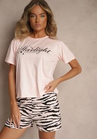 Renee - Beżowy Komplet Piżamowy z Bawełny T-shirt i Szorty z Motywem Zebry Milaria. Kolor: beżowy. Materiał: bawełna. Wzór: motyw zwierzęcy