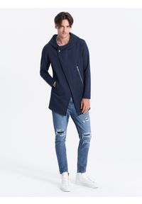 Ombre Clothing - Długa bluza męska z asymetrycznym zapięciem HAGA - granatowa - Rozmiar: XL. Kolor: niebieski. Materiał: poliester, bawełna. Długość: długie. Wzór: aplikacja. Styl: klasyczny