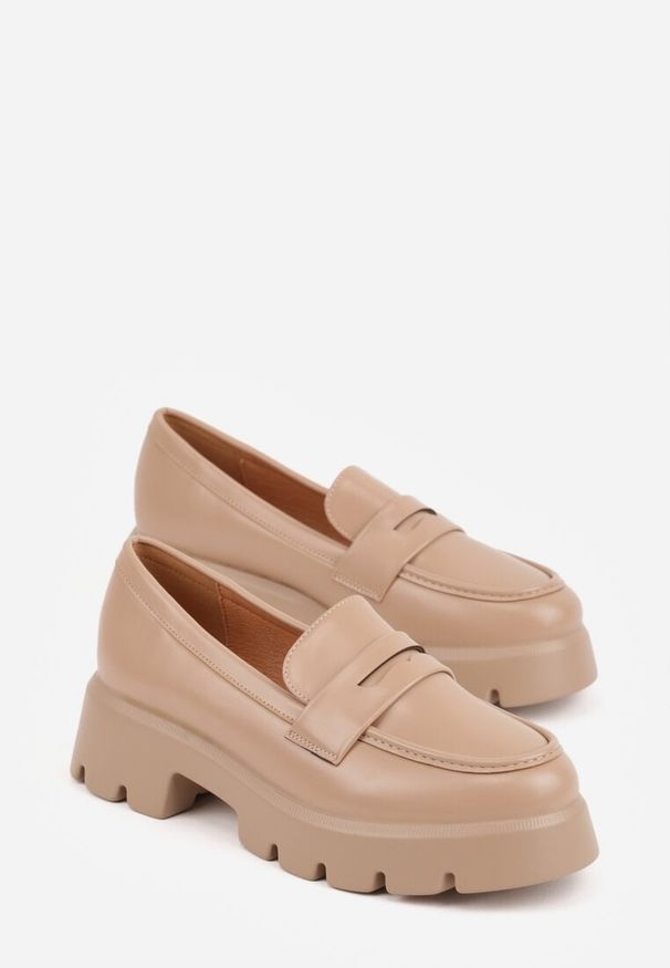 Renee - Ciemnobeżowe Mokasyny na Platformie z Tłoczeniem Guinelle. Kolor: beżowy. Materiał: jeans. Sezon: wiosna. Obcas: na platformie