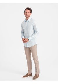 Ombre Clothing - Klasyczna męska bawełniana koszula SLIM FIT w rybki - błękitna V4 OM-SHCS-0156 - XXL. Typ kołnierza: kołnierzyk klasyczny. Kolor: niebieski. Materiał: bawełna. Długość rękawa: długi rękaw. Długość: długie. Wzór: nadruk. Styl: klasyczny