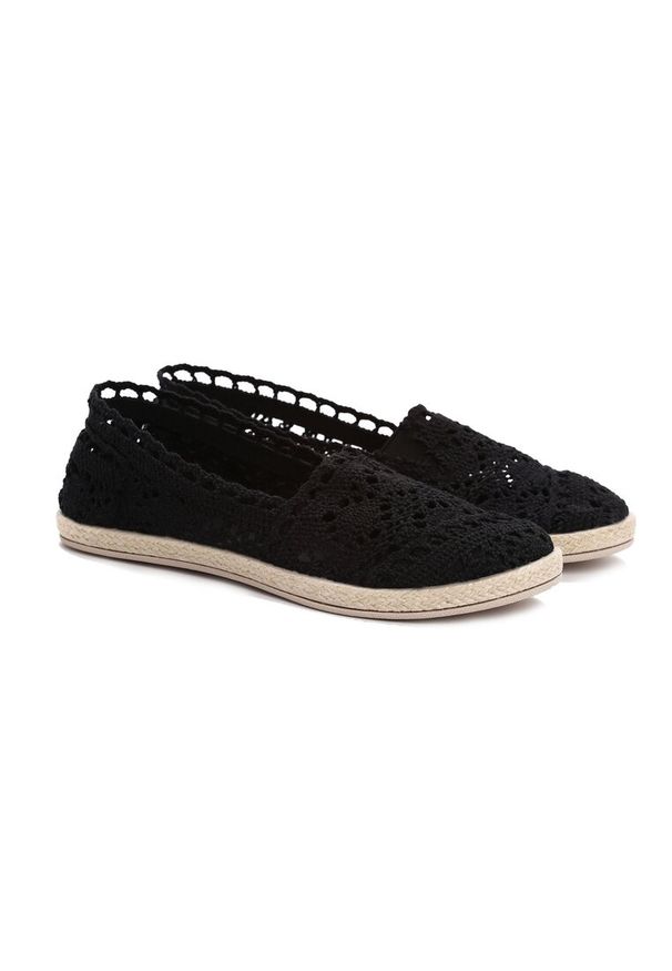 Born2be - Czarne Ażurowe Espadryle na Podeszwie z Plecionki Satisfyingly. Nosek buta: okrągły. Zapięcie: bez zapięcia. Kolor: czarny. Szerokość cholewki: normalna. Wzór: ażurowy. Wysokość cholewki: przed kostkę. Materiał: koronka, materiał, jeans. Obcas: na płaskiej podeszwie. Styl: boho