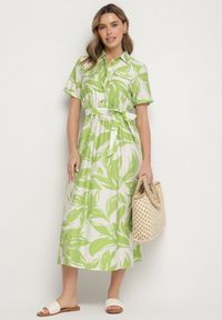 Born2be - Zielona Wiskozowa Sukienka o Koszulowym Kroju z Wiązanym Paskiem Uloanna. Okazja: na co dzień. Kolor: zielony. Materiał: wiskoza. Długość rękawa: krótki rękaw. Wzór: aplikacja. Typ sukienki: koszulowe. Styl: elegancki, casual, klasyczny #4