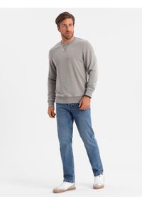 Ombre Clothing - Washowana bluza męska z ozdobnym przeszyciem przy dekolcie - beżowa V2 - Rozmiar: XXL. Kolor: beżowy. Materiał: jeans, materiał, poliester, bawełna. Wzór: haft #4