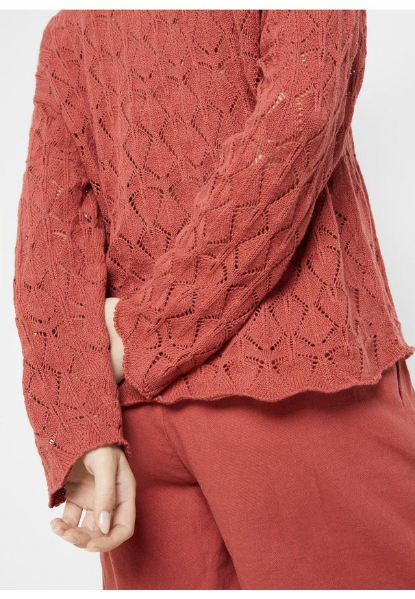 bonprix - Sweter oversize. Kolor: czerwony. Materiał: len. Wzór: ażurowy