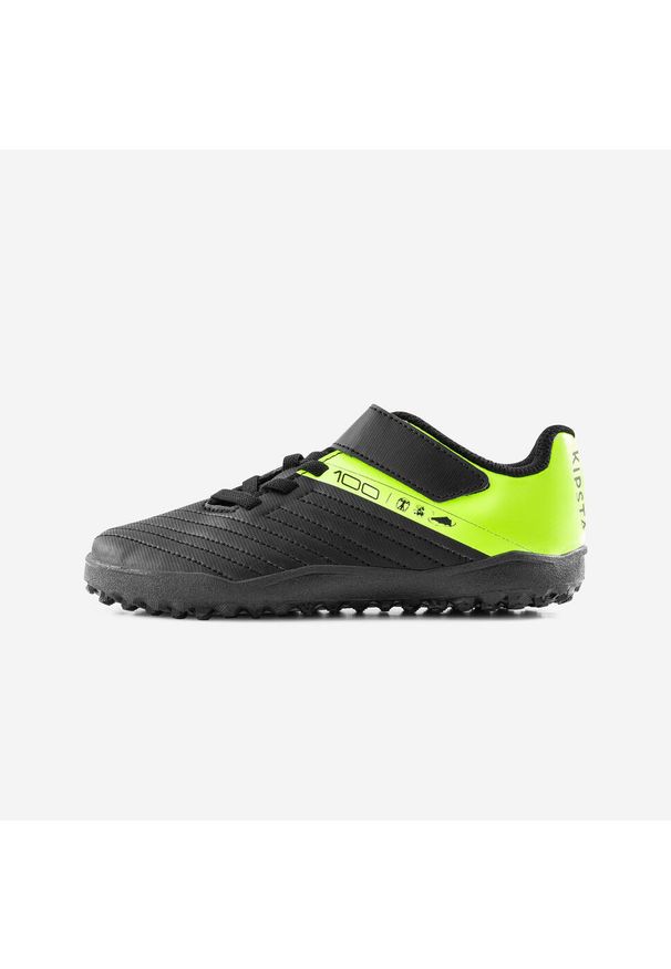 KIPSTA - Buty do piłki nożnej dla dzieci Kipsta 100 Easy Turf TF na rzepy. Zapięcie: rzepy. Kolor: czarny, zielony, wielokolorowy, żółty. Materiał: kauczuk. Szerokość cholewki: normalna. Sport: piłka nożna