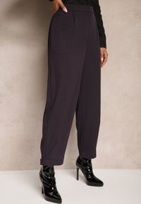 Renee - Fioletowe Garniturowe Spodnie o Szerokich Nogawkach Lekko Prążkowane High Waist Belbanne. Okazja: na spotkanie biznesowe. Stan: podwyższony. Kolor: fioletowy. Materiał: prążkowany. Styl: wizytowy, biznesowy, elegancki #5