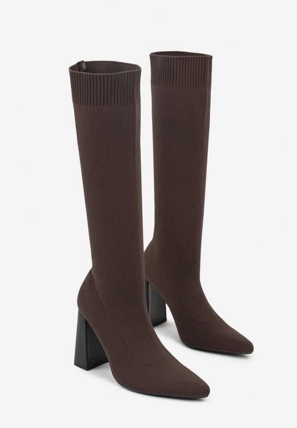 Born2be - Brązowe Skarpetkowe Kozaki VICES na Geometrycznym Słupku z Noskiem w Szpic Zevra. Okazja: na spotkanie biznesowe, do pracy. Zapięcie: bez zapięcia. Kolor: brązowy. Materiał: satyna. Wzór: geometria. Obcas: na słupku. Styl: biznesowy, klasyczny