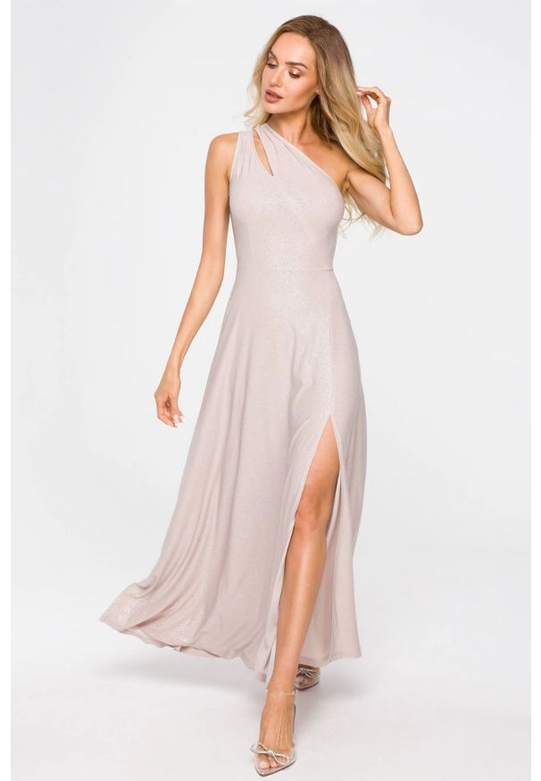 Sukienki.shop - Rozkloszowana suknia wieczorowa brokatowa szampańska. Okazja: na studniówkę, na ślub cywilny, na wesele, na imprezę. Styl: wizytowy