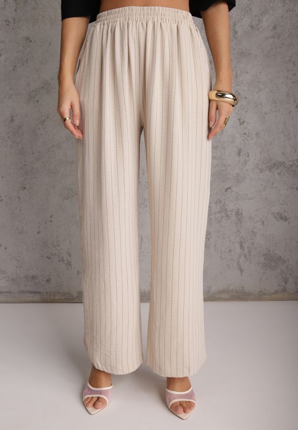 Renee - Beżowy Komplet z Wiskozy Spodnie Wide Leg i Koszula Bez Rękawów z Paskiem Adduin. Kolor: beżowy. Materiał: wiskoza