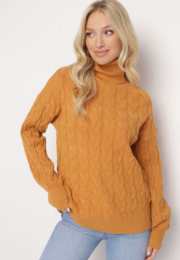 Born2be - Brązowy Sweter z Golfem w Warkoczowy Splot ze Ściągaczami Maraiwai. Typ kołnierza: golf. Kolor: brązowy. Wzór: ze splotem. Sezon: jesień