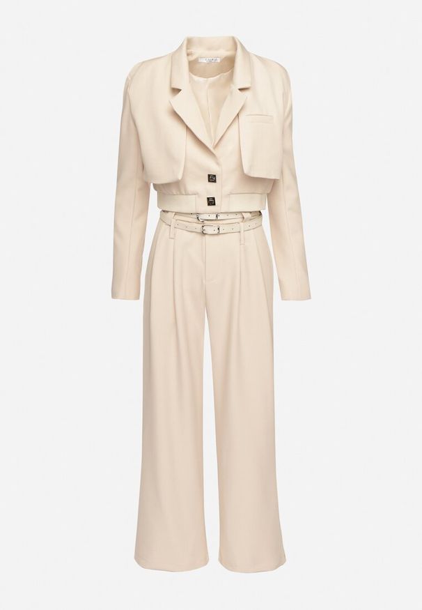 Born2be - Beżowy Komplet Garniturowy Marynarka ze Ściągaczem i Szerokie Spodnie z Dwoma Paskami Riliona. Kolor: beżowy