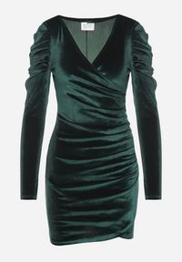 Born2be - Zielona Dopasowana Kopertowa Sukienka z Weluru z Bufiastymi Rękawami Ardell. Typ kołnierza: dekolt w kształcie V. Kolor: zielony. Materiał: welur. Wzór: aplikacja. Typ sukienki: kopertowe. Styl: klasyczny #1