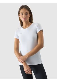 4f - T-shirt regular gładki damski - biały. Okazja: na co dzień. Kolor: biały. Materiał: bawełna, syntetyk, materiał, jersey, dzianina. Długość rękawa: krótki rękaw. Długość: krótkie. Wzór: gładki. Sezon: lato. Styl: casual, sportowy #1