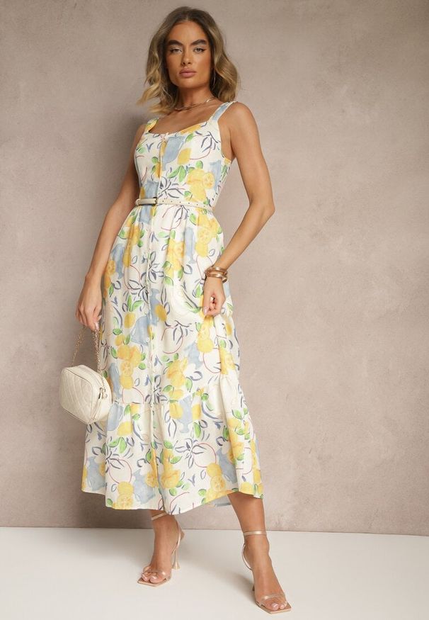 Renee - Beżowa Bawełniana Sukienka z Motywem Cytryn Lenvira. Kolor: beżowy. Materiał: bawełna