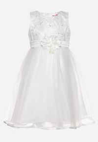 Born2be - Biała Tiulowa Sukienka w Stylu Princeski z Aplikacjami 3D Piwira. Okazja: na imprezę. Kolor: biały. Materiał: tiul. Wzór: aplikacja #2