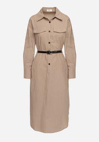 Born2be - Ciemnobeżowa Koszulowa Sukienka na Guziki z Paskiem i Imitacją Kieszeni Tintarra. Kolor: beżowy. Typ sukienki: koszulowe. Styl: elegancki, sportowy, klasyczny #2