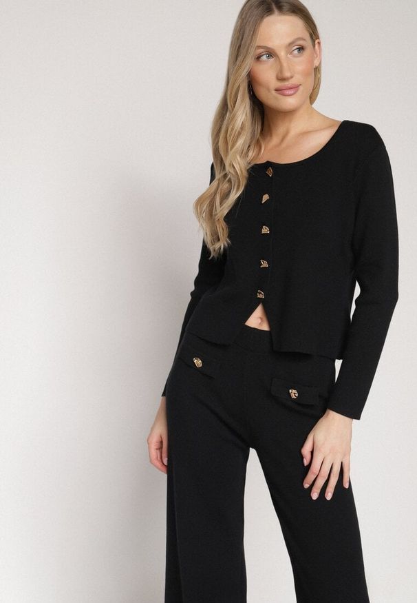 Born2be - Czarny Dzianinowy Komplet z Wiskozą w Eleganckim Stylu Kardigan i Spodnie Delisana. Kolor: czarny. Materiał: wiskoza, dzianina