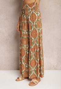 Renee - Zielono-Pomarańczowe Spodnie Szerokie z Wiskozy w Ornamentalny Wzór High Waist Cramelia. Stan: podwyższony. Kolor: zielony. Materiał: wiskoza. Długość: długie