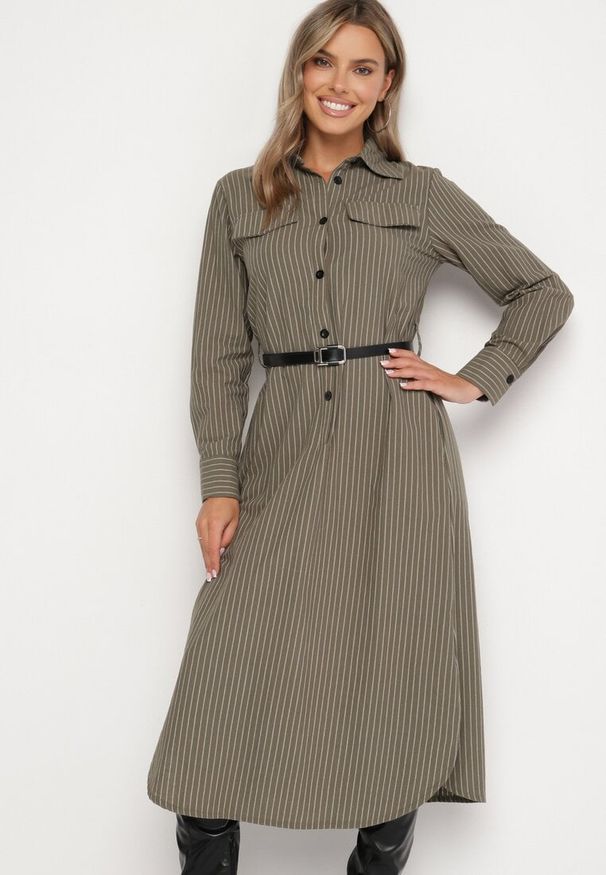 Born2be - Zielona Koszulowa Sukienka na Guziki z Paskiem i Imitacją Kieszeni Tintarra. Kolor: zielony. Typ sukienki: koszulowe. Styl: sportowy, klasyczny, elegancki