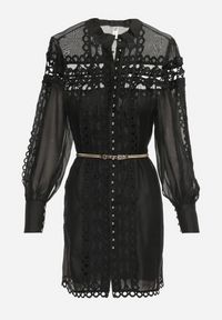 Born2be - Czarna Koronkowa Sukienka Mini z Paskiem i Guzikami Nyloni. Okazja: na co dzień, na randkę. Kolor: czarny. Materiał: koronka. Długość rękawa: na ramiączkach. Typ sukienki: proste. Styl: casual, elegancki. Długość: mini #6
