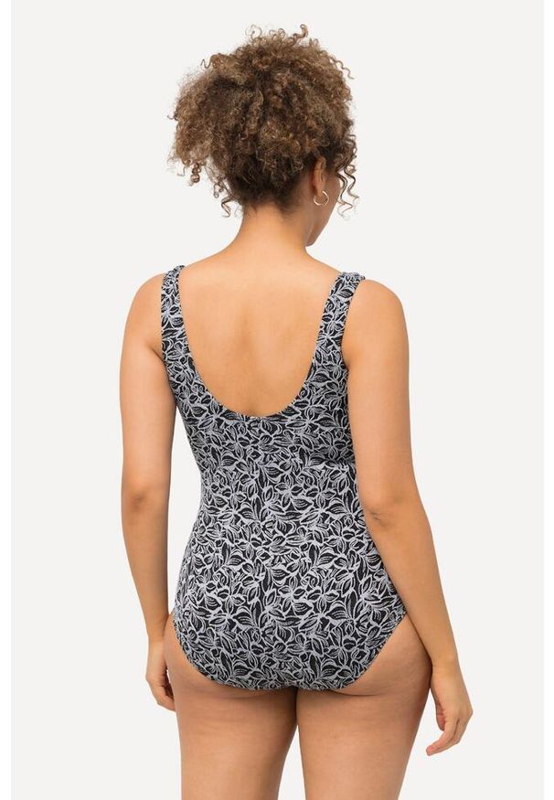 ULLA POPKEN - Damski Strój kąpielowy liście miękkie miseczki głębokie wycięcie na plecach. Kolekcja: plus size. Kolor: czarny. Materiał: poliester, elastan, poliamid, materiał