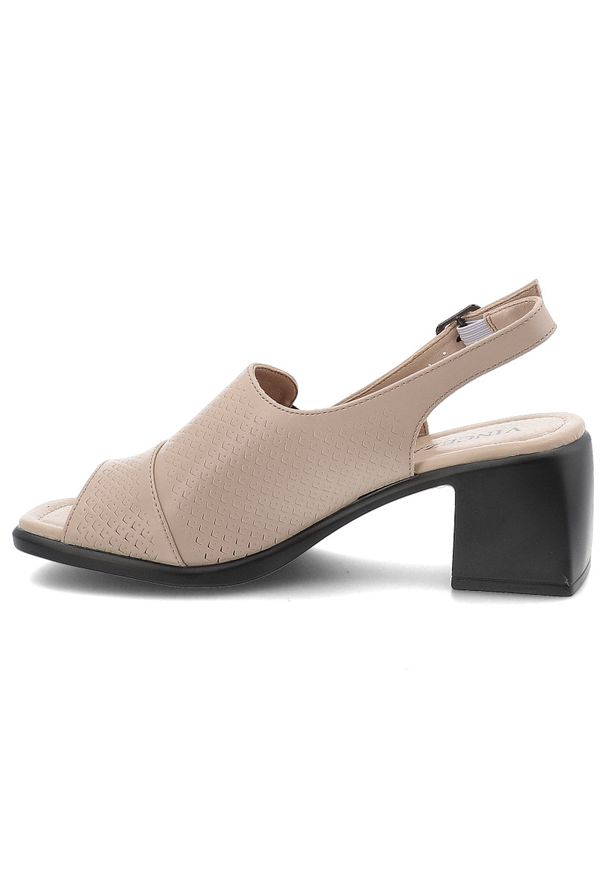 Sandały damskie Vinceza, cholewka ze skóry naturalnej licowej odkryty przód elegancki fason stabilny obcas, beżowe, 66920. Kolor: beżowy. Materiał: skóra. Sezon: lato. Obcas: na obcasie. Styl: elegancki. Wysokość obcasa: średni