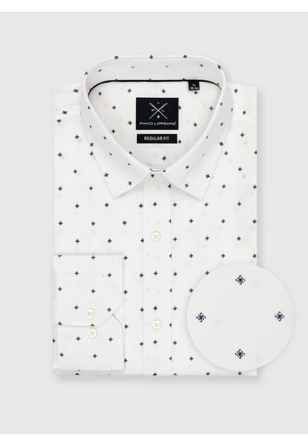 Pako Lorente - PAKO LORENTE – Biała koszula męska w granatowy drobny print. Typ kołnierza: kołnierzyk klasyczny. Kolor: wielokolorowy, niebieski, biały. Materiał: bawełna, elastan. Długość rękawa: długi rękaw. Długość: długie. Wzór: nadruk. Styl: klasyczny