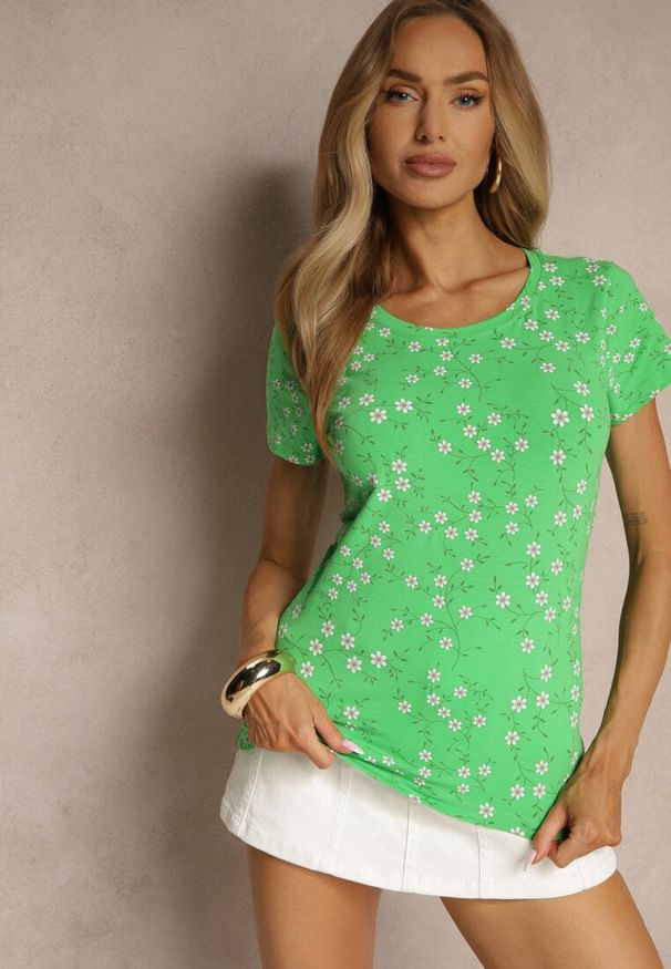 Renee - Zielony Bawełniany T-shirt z Kwiatowym Wzorem Savioraie. Okazja: na co dzień. Kolor: zielony. Materiał: bawełna. Wzór: kwiaty. Styl: klasyczny, casual