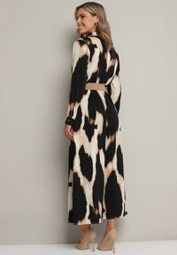 Born2be - Beżowo-Czarna Panterkowa Sukienka w Koszulowym Stylu z Elastycznym Paskiem Tinellea. Okazja: do pracy. Typ kołnierza: dekolt w serek. Kolor: beżowy. Materiał: skóra. Typ sukienki: koszulowe. Styl: elegancki #7