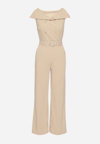 Born2be - Beżowy Kombinezon z Wywijanym Dekoltem w Łódkę i Paskiem z Klamrą Galithiela. Okazja: na co dzień. Kolor: beżowy. Wzór: aplikacja. Styl: klasyczny, casual, elegancki #6