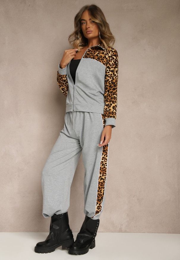 Renee - Szary Komplet Dresowy z Panterkowymi Wstawkami Bluza i Spodnie Wide Leg Redrie. Kolor: szary. Materiał: dresówka. Wzór: aplikacja, motyw zwierzęcy
