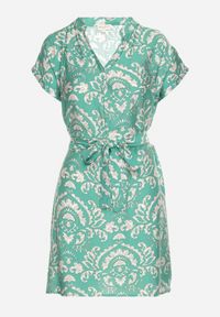 Born2be - Zielona Pudełkowa Sukienka z Wiązaniem w Talii w Abstrakcyjny Wzór Namsioli. Okazja: do pracy. Kolor: zielony. Materiał: jeans #5