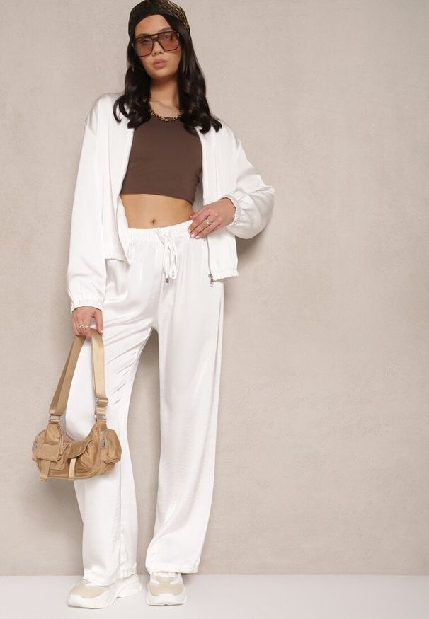 Renee - Białe Spodnie o Szerokim Kroju z Wiskozą High Waist z Wiązaniem Jerisia. Okazja: na co dzień. Stan: podwyższony. Kolor: biały. Materiał: wiskoza. Styl: elegancki, casual