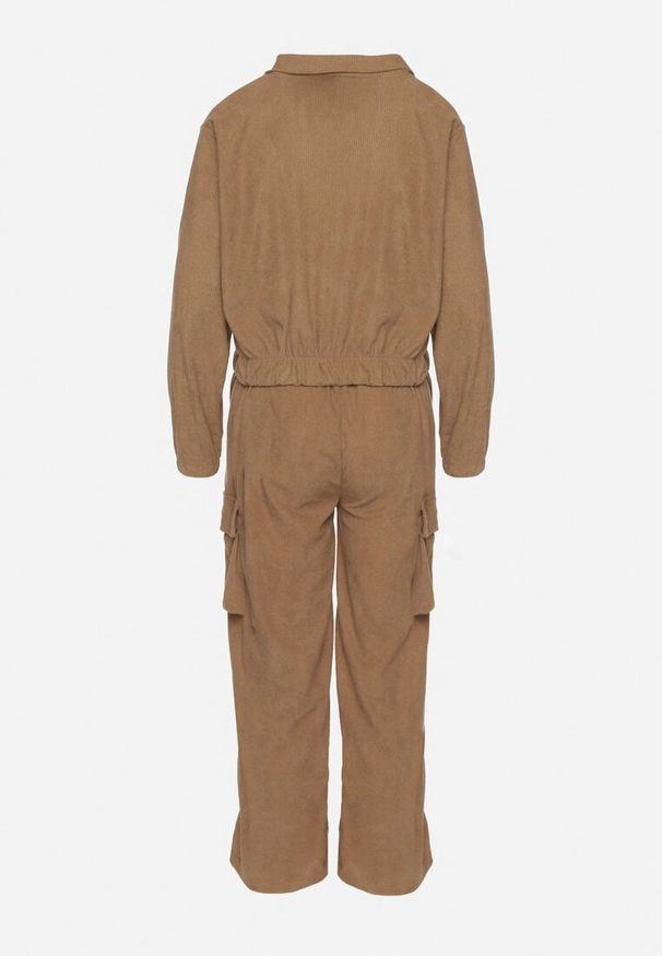 Born2be - Jasnobrązowy Komplet Dresowy w Stylu Cargo Bluza ze Stójką i Szerokie Spodnie Arritarra. Kolor: brązowy. Materiał: dresówka. Wzór: aplikacja
