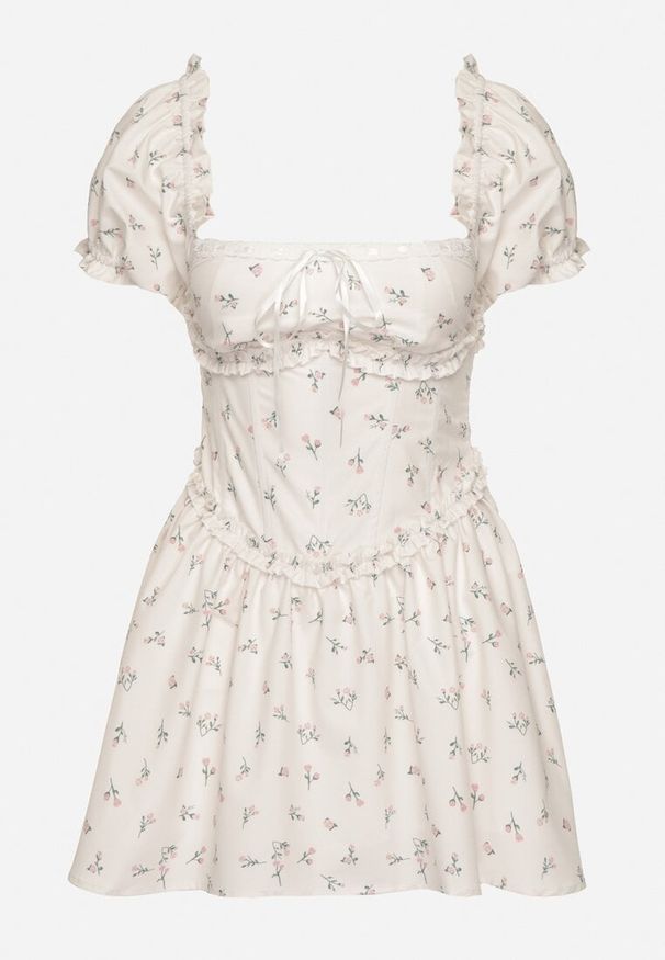 Born2be - Biała Sukienka Vices z Bufkami Falbankami i Wiązaniem w Kwiaty Tolalira. Okazja: na co dzień. Typ kołnierza: kołnierz z falbankami. Kolor: biały. Materiał: skóra. Wzór: kwiaty. Styl: klasyczny, casual, elegancki