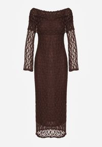 Renee - Brązowa Koronkowa Sukienka Koktajlowa z Odkrytymi Ramionami Eperria. Okazja: na studniówkę. Typ kołnierza: kokarda. Kolor: brązowy. Materiał: koronka. Typ sukienki: z odkrytymi ramionami. Styl: wizytowy #4
