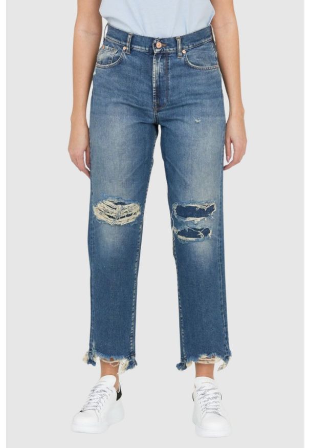 7 FOR ALL MANKIND Błękitne jeansy damskie THE MODERN STRAIGHT Z DZIURAMI, Rozmiar 30. Kolor: niebieski