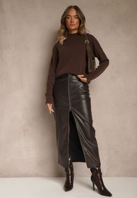 Renee - Brązowy Gładki Sweter z Półgolfem z Dzianiny z Wełną i Wiskozą Zaiara. Okazja: na co dzień. Kolor: brązowy. Materiał: wiskoza, dzianina, wełna. Długość rękawa: długi rękaw. Długość: długie. Wzór: gładki. Styl: casual, klasyczny #5