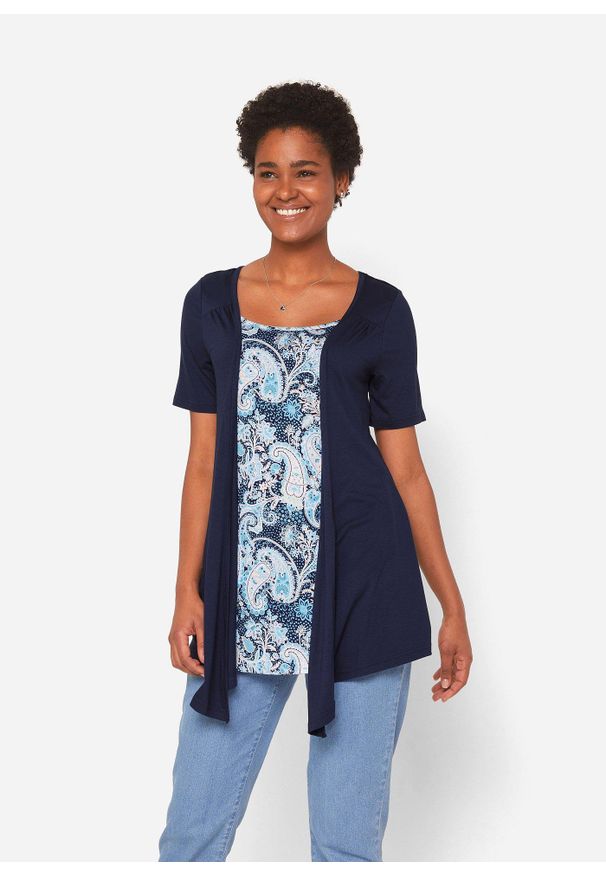 bonprix - Koszulka 2 w 1 z nadrukiem i okrągłym dekoltem. Kolor: niebieski. Długość rękawa: krótki rękaw. Długość: krótkie. Wzór: nadruk