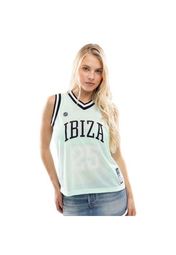 SIROKO - Damska koszulka koszykarska Lifestyle Siroko IBZ Destí Water Green. Typ kołnierza: dekolt w kształcie V. Kolor: zielony. Materiał: prążkowany, tkanina. Długość rękawa: bez rękawów. Sport: koszykówka