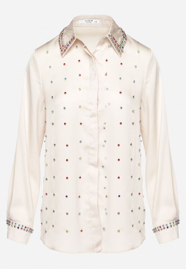 Born2be - Jasnobeżowa Koszula z Ozdobnym Kołnierzykiem z Ćwiekami i Cyrkoniami Aiatla. Kolor: beżowy. Wzór: kolorowy. Styl: elegancki
