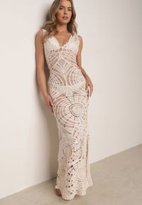 Born2be - Beżowa Sukienka Plażowa z Bawełny Ozdobiona Szydełkowym Wzorem Delomare. Okazja: na plażę. Kolor: beżowy. Materiał: bawełna. Wzór: aplikacja. Sezon: lato. Styl: elegancki, wakacyjny #1