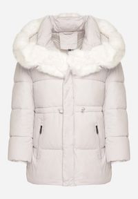 Born2be - Biała Kurtka z Pikowanymi Przeszyciami i Kapturem z Futerkiem Galiadia. Okazja: na spacer, na co dzień. Kolor: biały. Materiał: futro. Styl: casual, klasyczny, sportowy #6